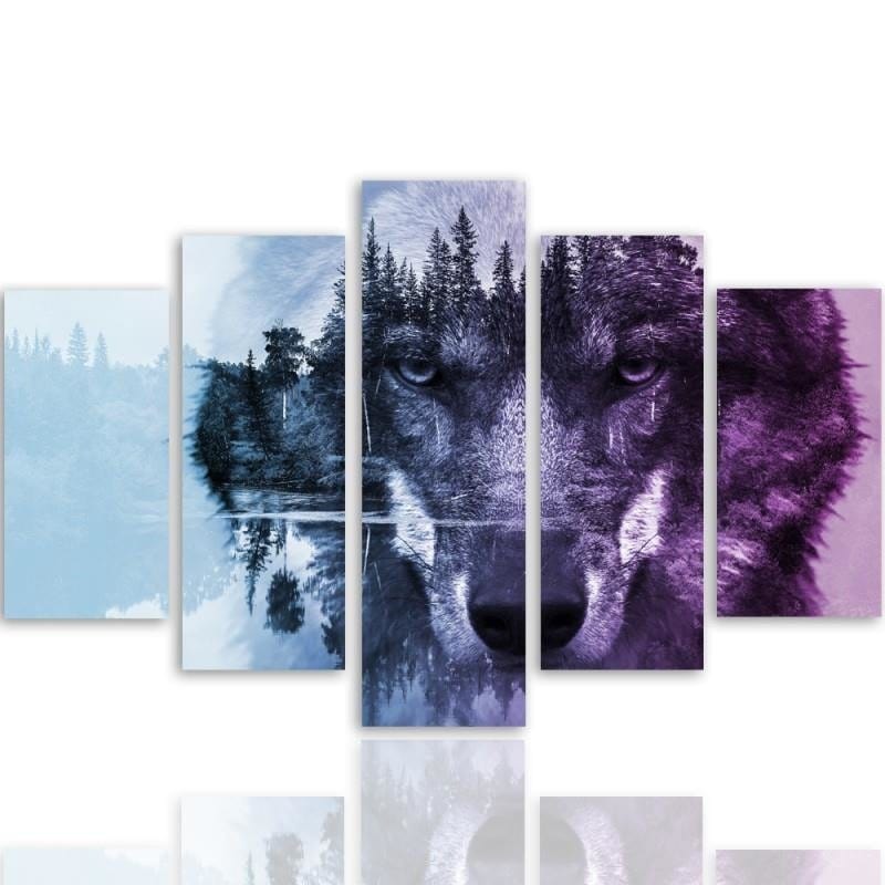 Kanva no 5 daļām - Type A, Wolf On The Forest Background - Purple  Home Trends DECO