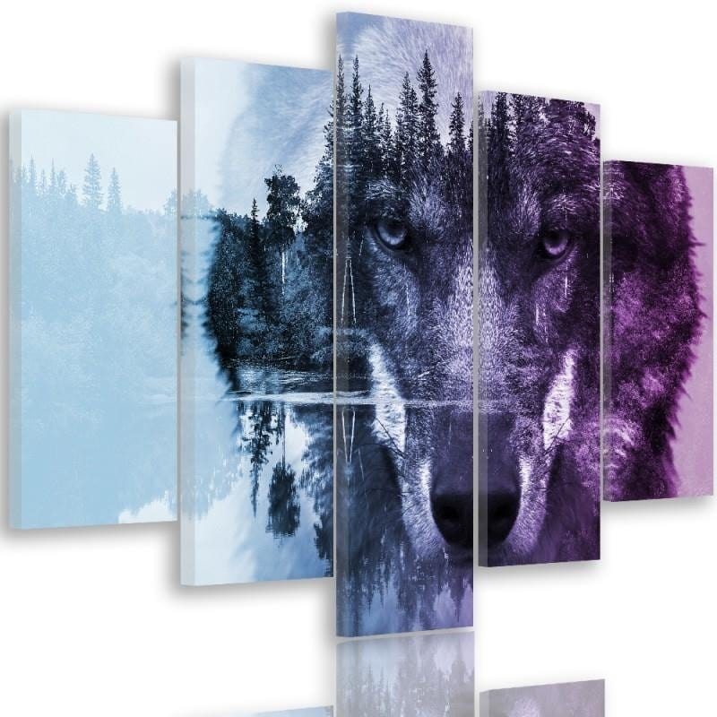 Kanva no 5 daļām - Type A, Wolf On The Forest Background - Purple  Home Trends DECO