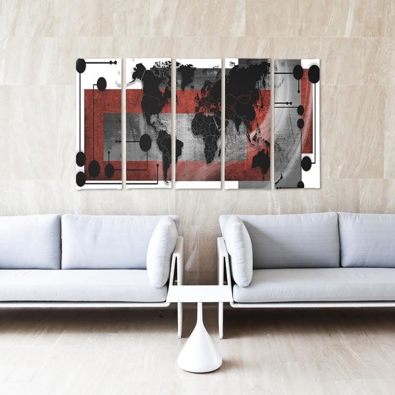 Kanva no 5 daļām - Type C, With A World Map Composition 1  Home Trends DECO