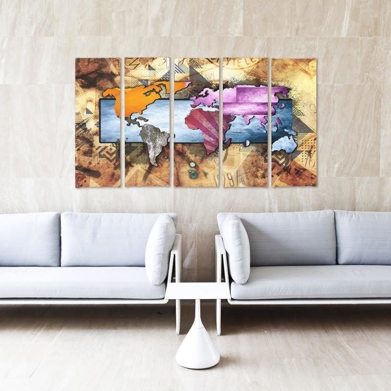 Kanva no 5 daļām - Type C, With A World Map Composition 6  Home Trends DECO