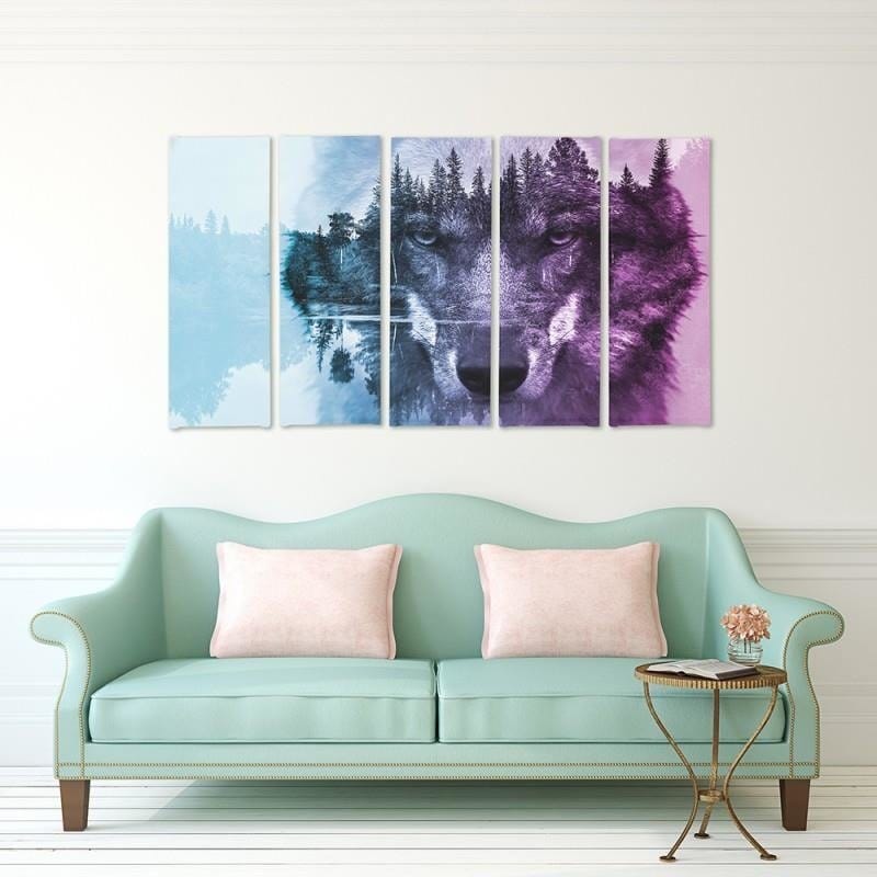 Kanva no 5 daļām - Type C, Wolf On The Forest Background - Purple  Home Trends DECO