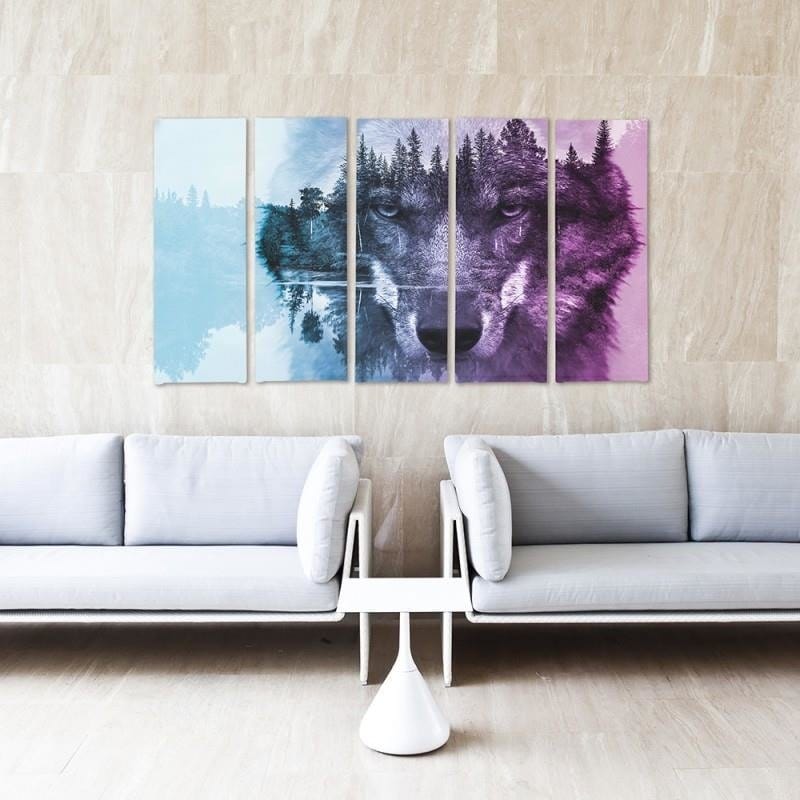 Kanva no 5 daļām - Type C, Wolf On The Forest Background - Purple  Home Trends DECO