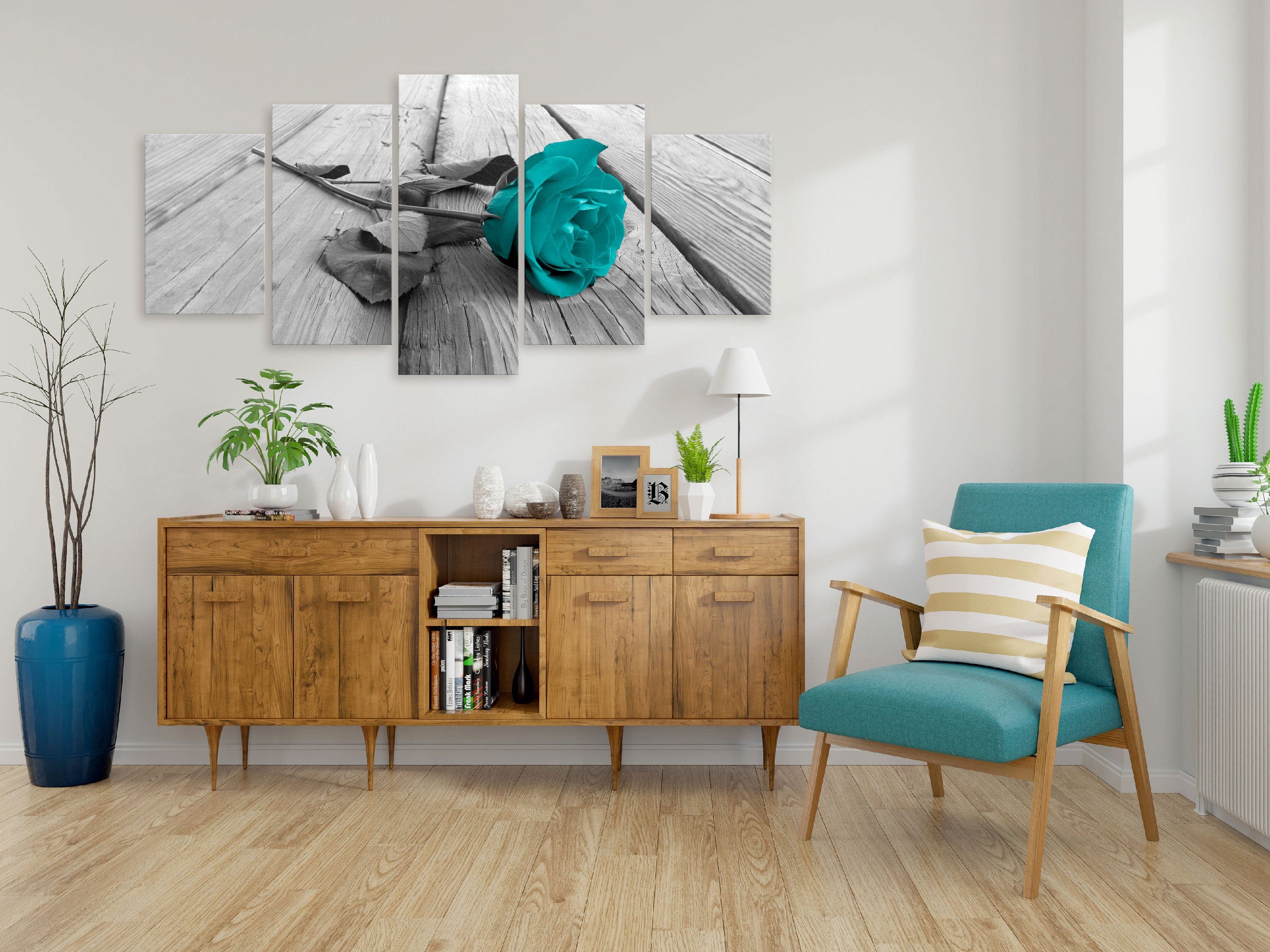 Glezna - Roze uz koka (5 daļas) Plata, tirkīza Home Trends