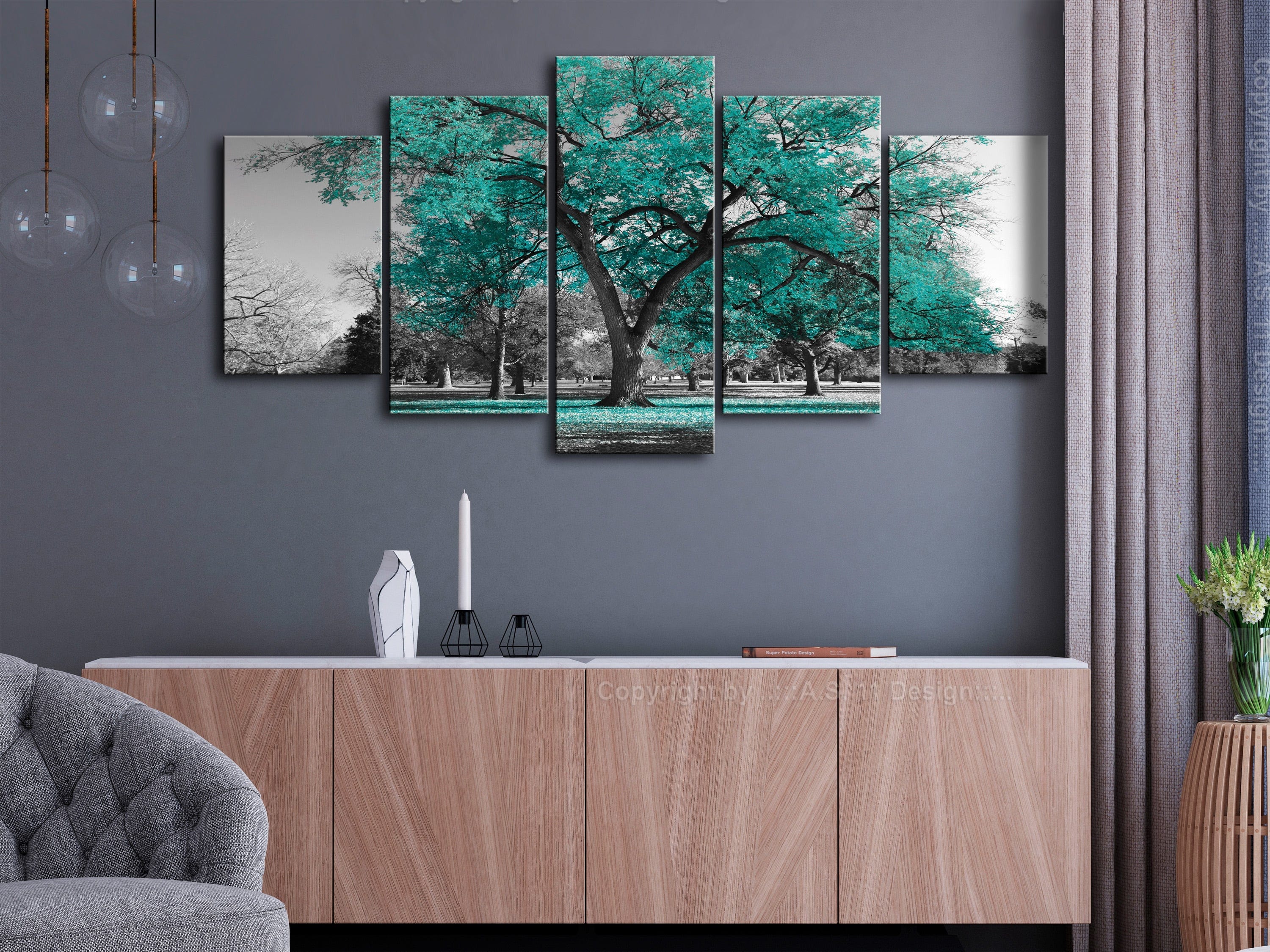 Glezna - Rudens parkā (5 daļas) tirkīzā, horizontāla Home Trends