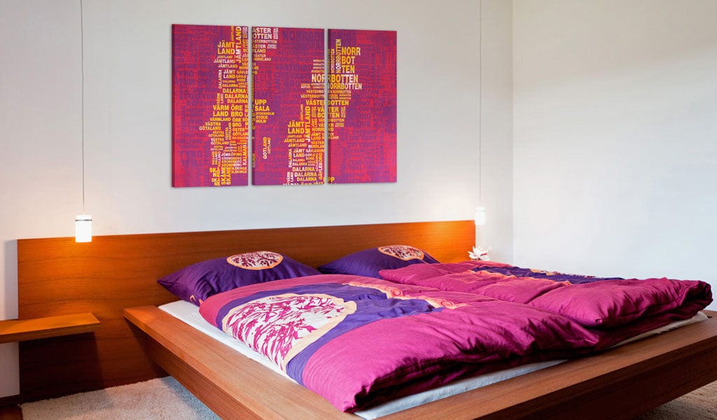 Glezna - Text map of Sweden (pink background) - triptych Home Trends