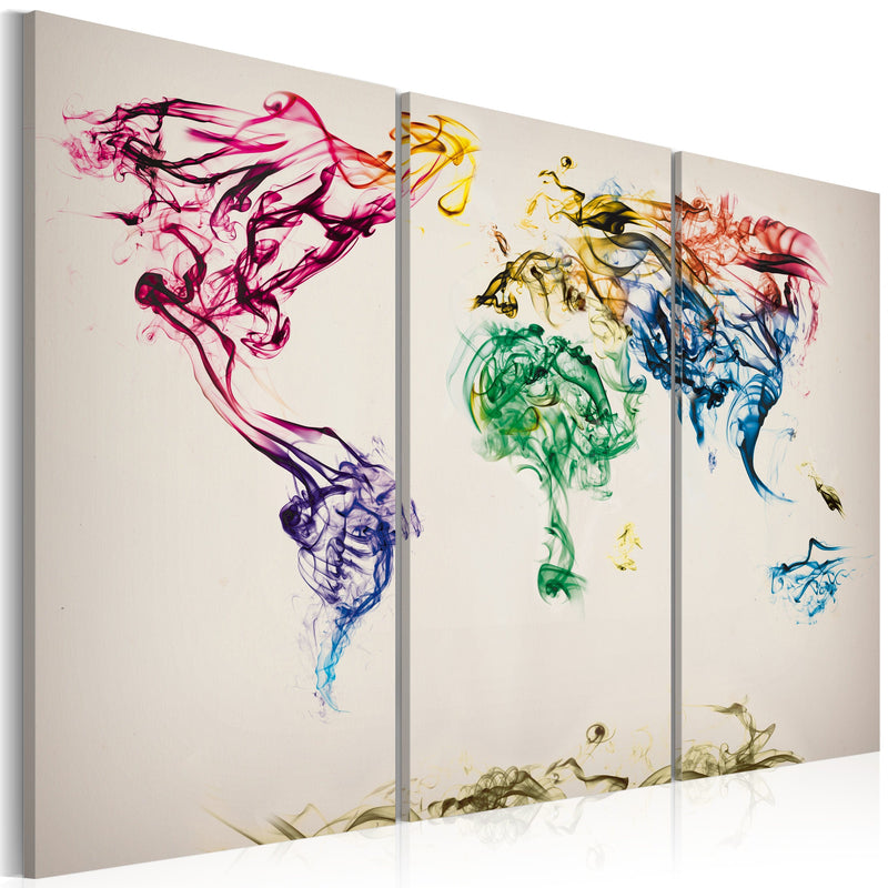Glezna - The World map - colored smoke trails - triptych Home Trends