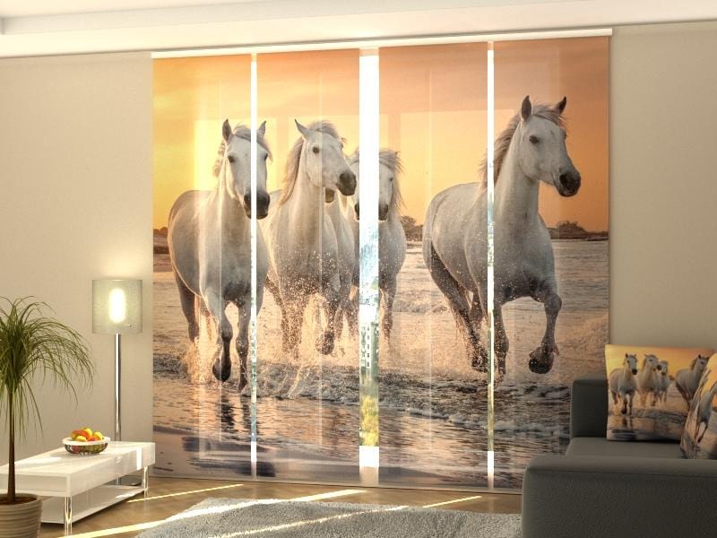 Paneļu aizkari (4 daļas) White Horses galloping at Sunset in France Home Trends