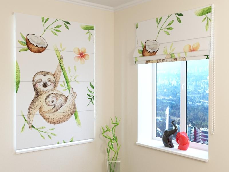 Romiešu žalūzijas Watercolor Cute Sloths BLACKOUT / 40 / 50 E-interjers.lv