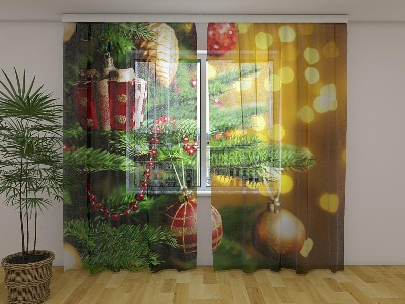 Ziemassvētku aizkari - Ziemassvētku rotaļlietas 180 x 140 cm (2X 90x140 cm) / Сaurspīdīgs šifons E-interjers.lv