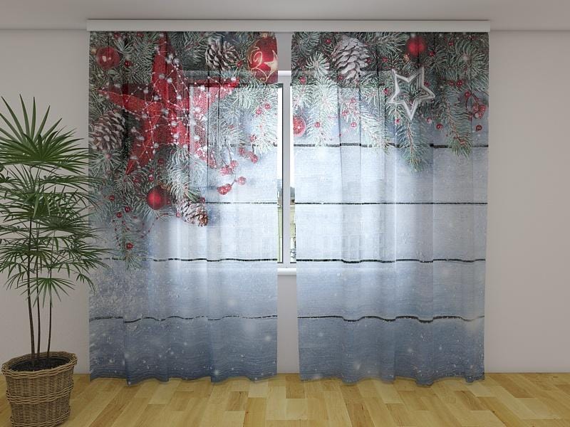 Ziemassvētku aizkari - Ziemassvētku sarkanā zvaigzne 180 x 140 cm (2X 90x140 cm) / Сaurspīdīgs šifons E-interjers.lv