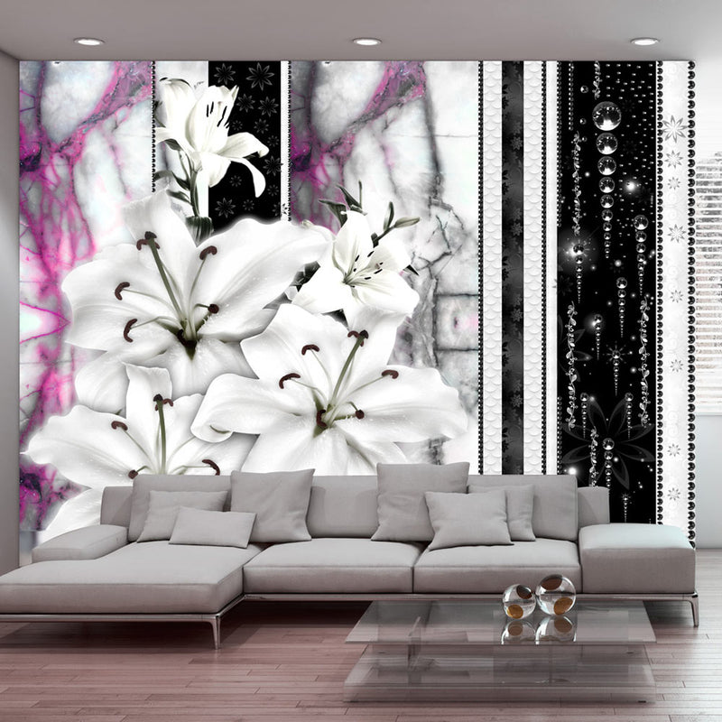 Fototapetes ar ziediem - Peldošās lilijas uz violetā marmora