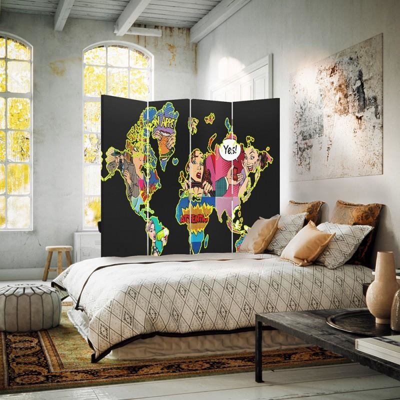 Aizslietnis, 4 paneļi, Divpusējs, 360° rotējošas eņģes, Kanva, Black Pop Art Map Of The World 