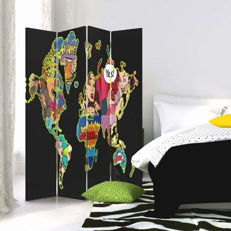 Aizslietnis, 4 paneļi, Divpusējs, 360° rotējošas eņģes, Kanva, Black Pop Art Map Of The World 