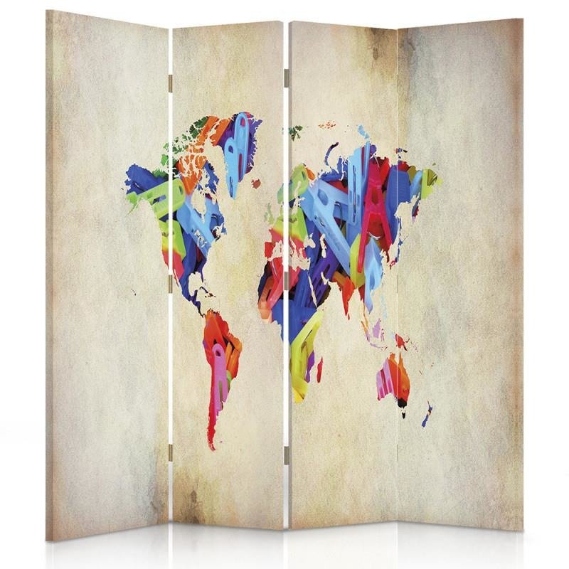 Aizslietnis, 4 paneļi, Divpusējs, 360° rotējošas eņģes, Kanva, Colorful World Map 