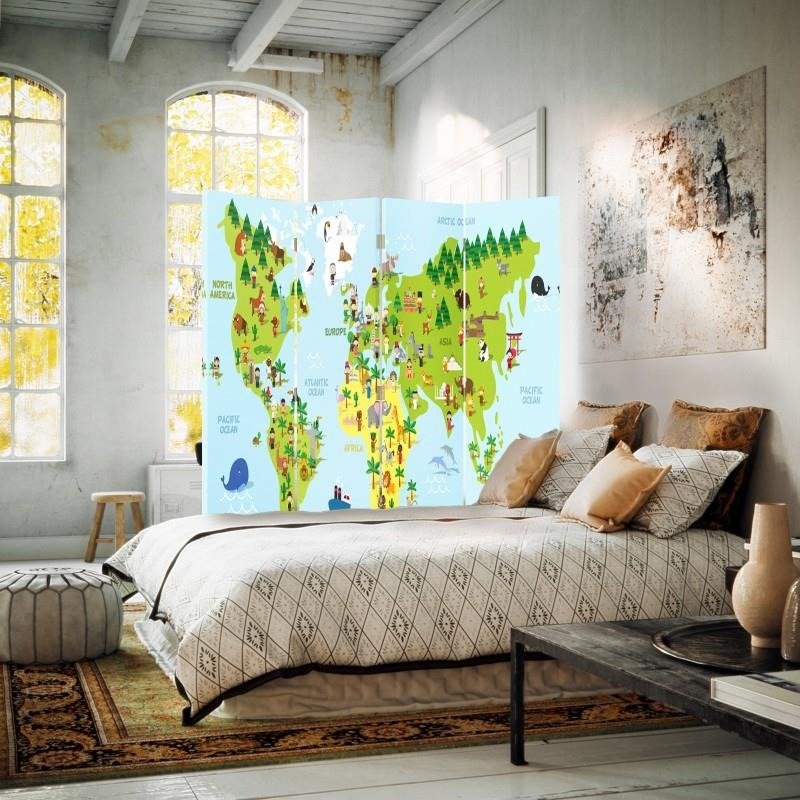 Aizslietnis, 4 paneļi, Divpusējs, 360° rotējošas eņģes, Kanva, Map Of The World For Children 