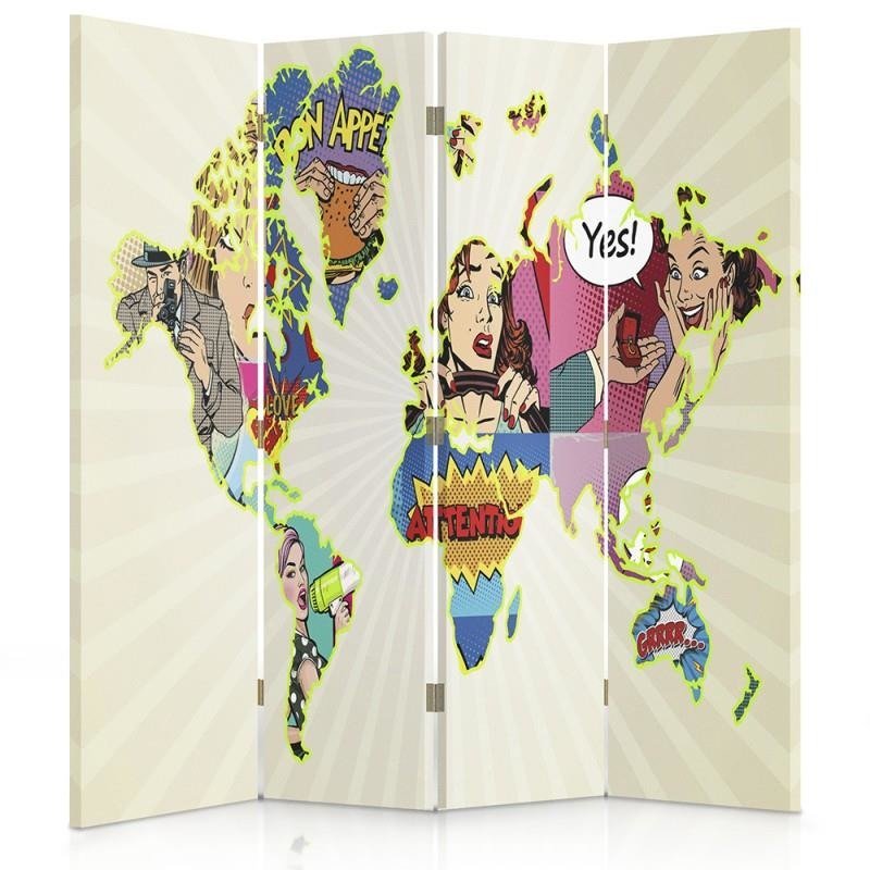 Aizslietnis, 4 paneļi, Divpusējs, 360° rotējošas eņģes, Kanva, Map Of The World Pop-Art 