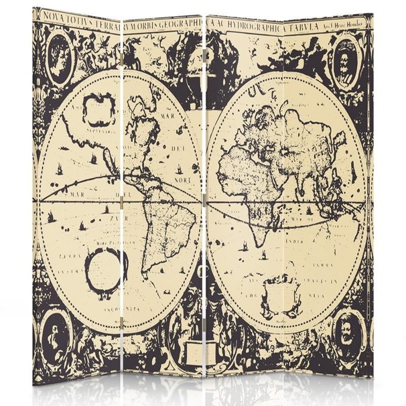 Aizslietnis, 4 paneļi, Divpusējs, 360° rotējošas eņģes, Kanva, Vintage Map Of The World 