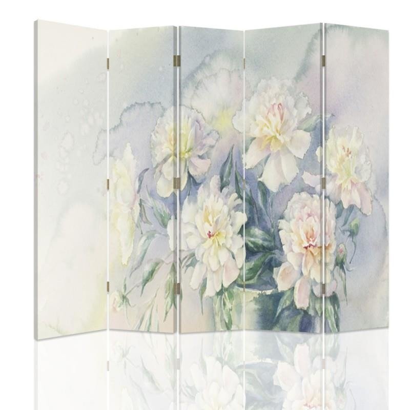 Aizslietnis, 5 paneļi, Divpusējs, 360 ° rotējošas eņģes, kanva, White Flowers 3 