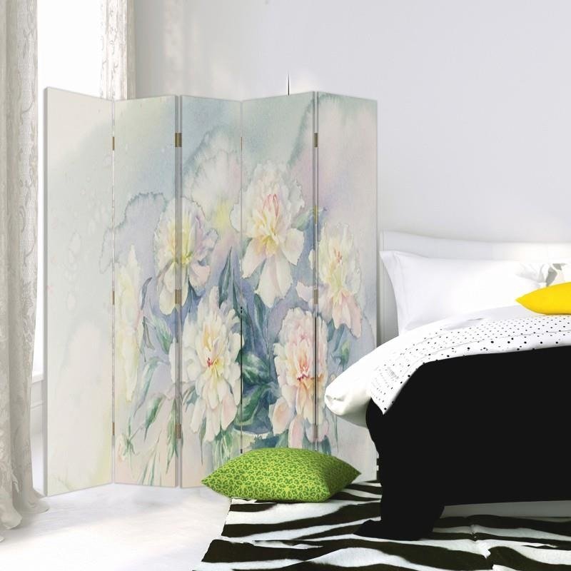 Aizslietnis, 5 paneļi, Divpusējs, 360 ° rotējošas eņģes, kanva, White Flowers 3 