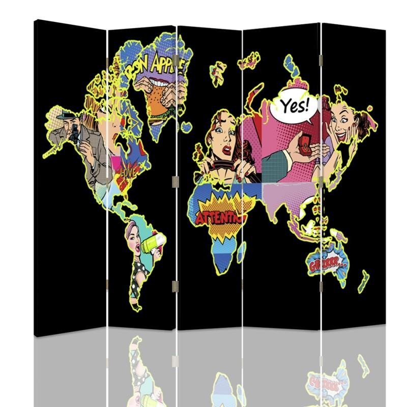 Aizslietnis, 5 paneļi, Divpusējs, 360 ° rotējošas eņģes, kanva, Black Pop Art Map Of The World 
