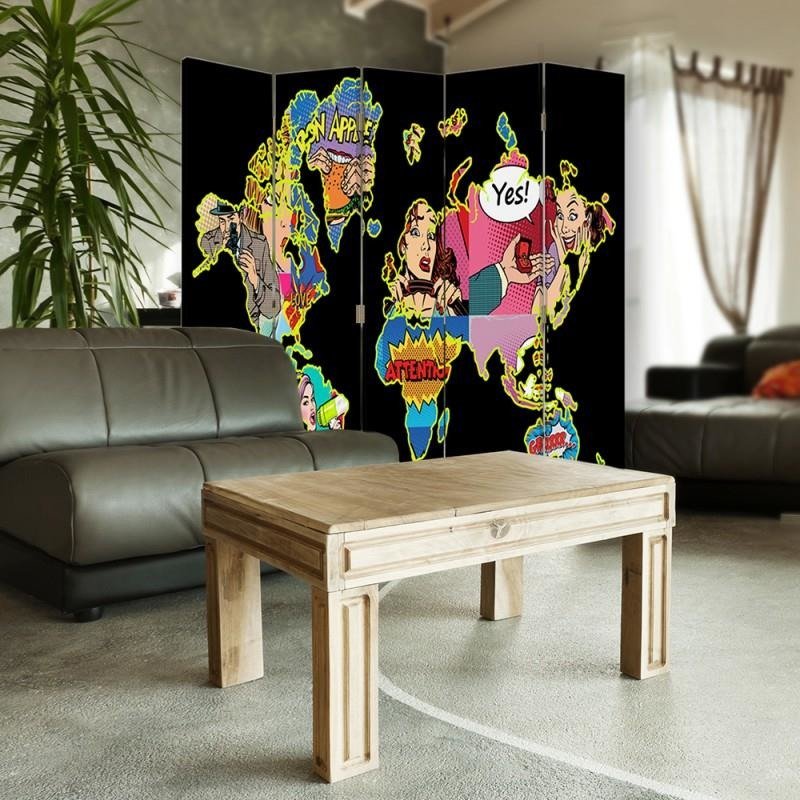 Aizslietnis, 5 paneļi, Divpusējs, 360 ° rotējošas eņģes, kanva, Black Pop Art Map Of The World 