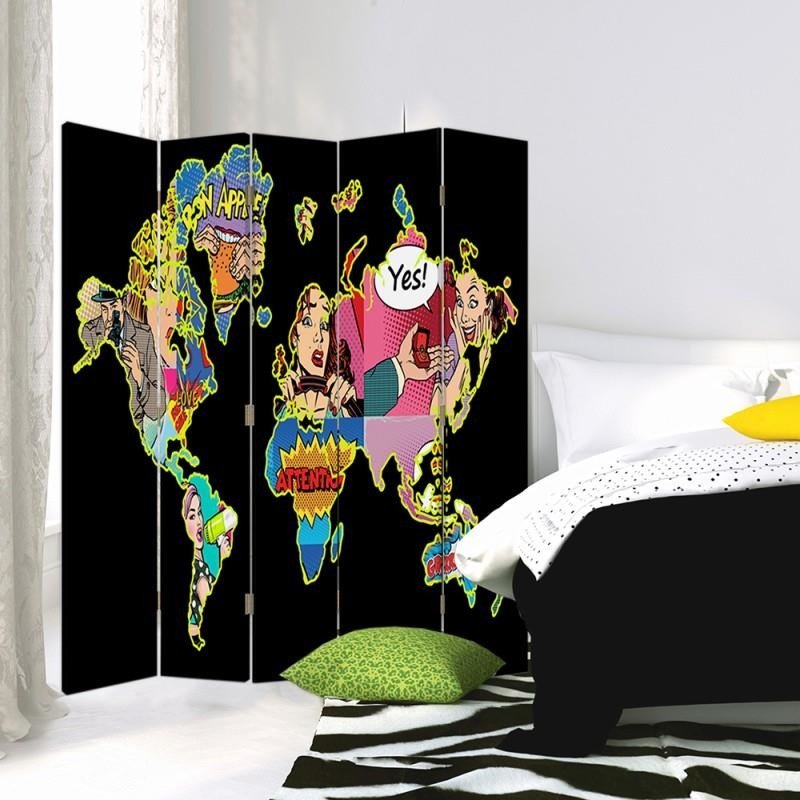 Aizslietnis, 5 paneļi, Divpusējs, 360 ° rotējošas eņģes, kanva, Black Pop Art Map Of The World 