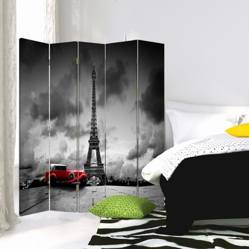 Aizslietnis, 5 paneļi, Divpusējs, 360 ° rotējošas eņģes, kanva, Red Car In Paris 