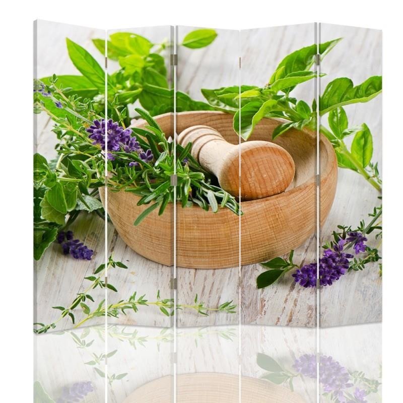 Aizslietnis, 5 paneļi, Divpusējs, 360 ° rotējošas eņģes, kanva, Wooden Mortar Herb 