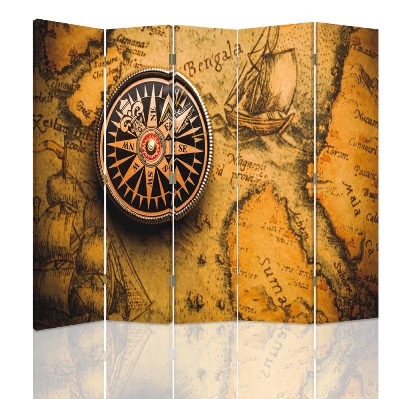 Aizslietnis, 5 paneļi, Divpusējs, 360 ° rotējošas eņģes, kanva, Compass On The Old Map 