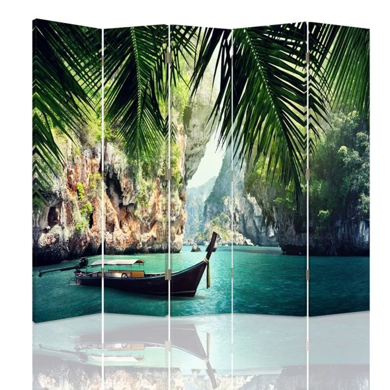 Aizslietnis, 5 paneļi, Divpusējs, 360 ° rotējošas eņģes, kanva, Boat In The Tropics 