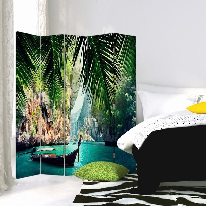 Aizslietnis, 5 paneļi, Divpusējs, 360 ° rotējošas eņģes, kanva, Boat In The Tropics 
