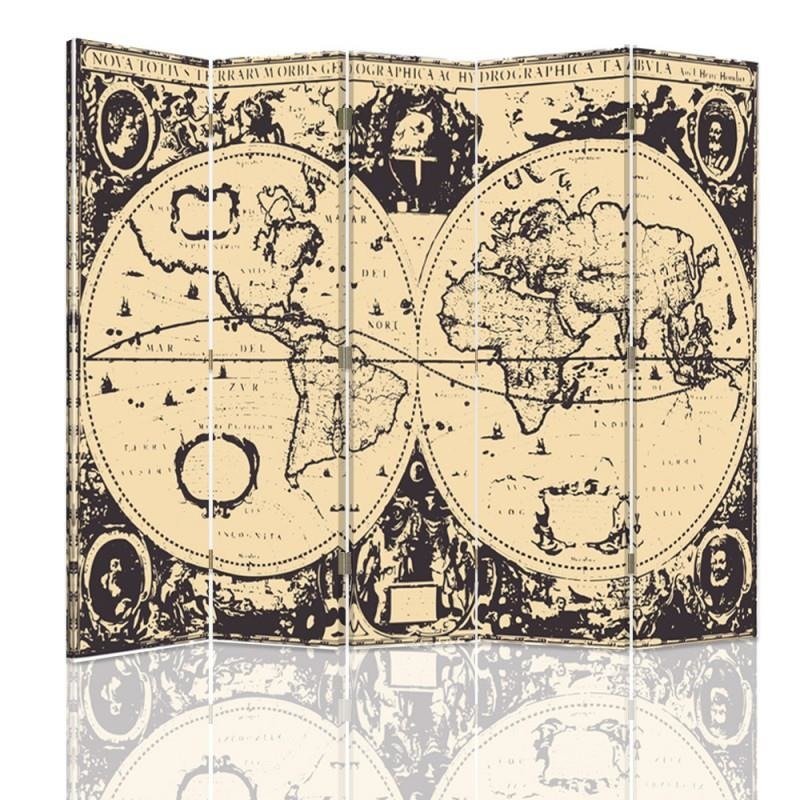 Aizslietnis, 5 paneļi, Divpusējs, 360 ° rotējošas eņģes, kanva, Vintage Map Of The World 