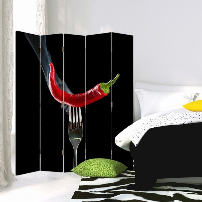 Aizslietnis, 5 paneļi, Divpusējs, 360 ° rotējošas eņģes, kanva, Chili Pepper Chili Peppers On A Fork 