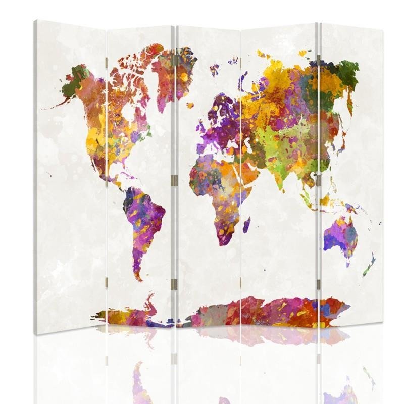 Aizslietnis, 5 paneļi, Divpusējs, 360 ° rotējošas eņģes, kanva, Multicolored World Map 