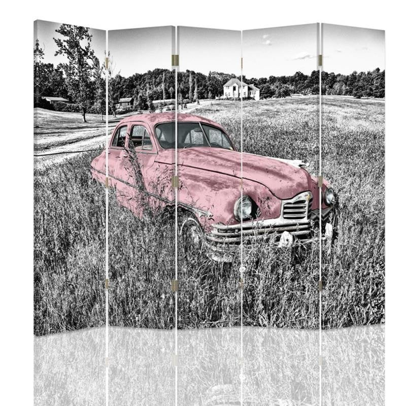 Aizslietnis, 5 paneļi, Divpusējs, 360 ° rotējošas eņģes, kanva, Pink Car In A Field 