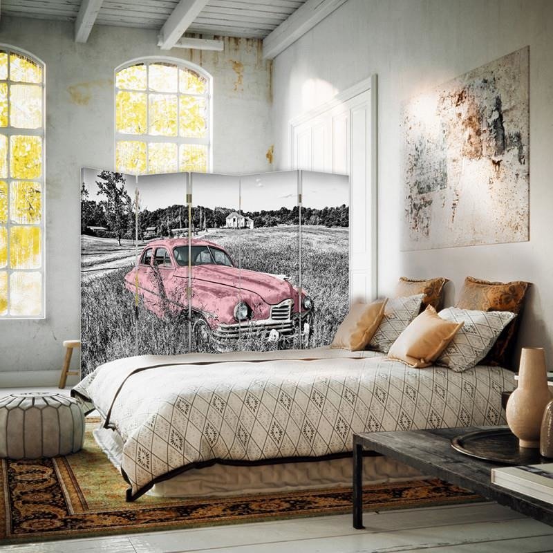Aizslietnis, 5 paneļi, Divpusējs, 360 ° rotējošas eņģes, kanva, Pink Car In A Field 