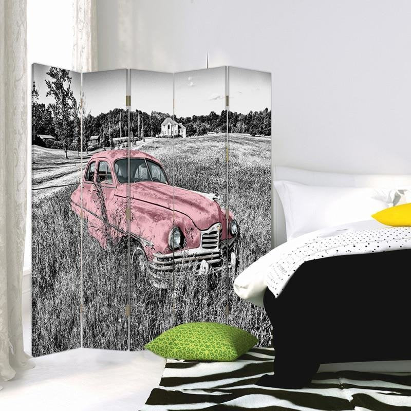Aizslietnis, 5 paneļi, Divpusējs, 360 ° rotējošas eņģes, kanva, Pink Car In A Field 