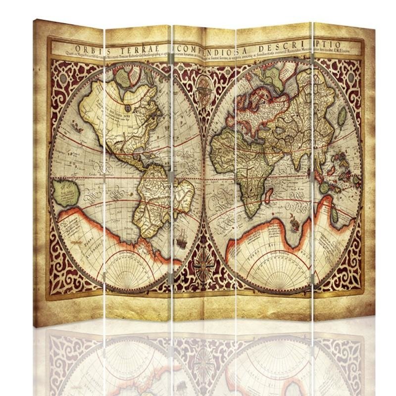 Aizslietnis, 5 paneļi, Divpusējs, 360 ° rotējošas eņģes, kanva, Old World Map 