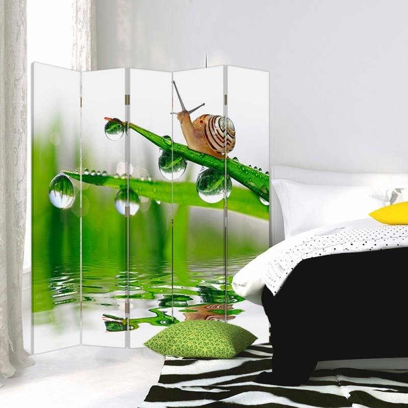 Aizslietnis, 5 paneļi, Divpusējs, 360 ° rotējošas eņģes, kanva, Snail On Grass 