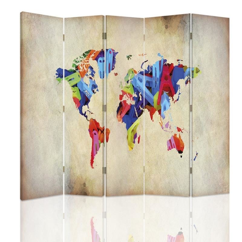 Aizslietnis, 5 paneļi, kanva, Colorful World Map 