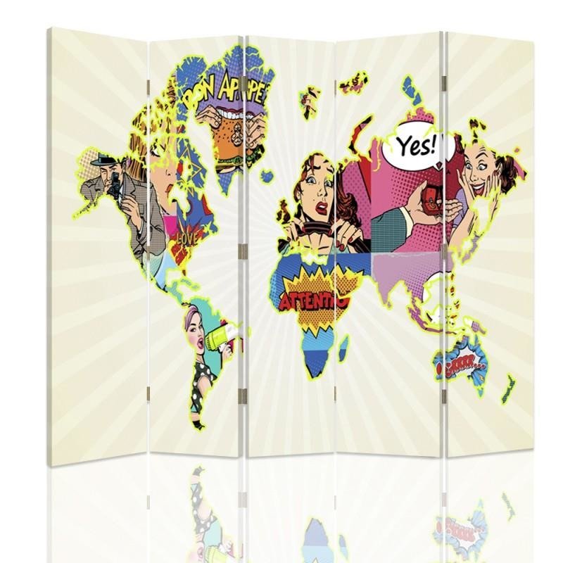 Aizslietnis, 5 paneļi, kanva, Map Of The World Pop-Art 