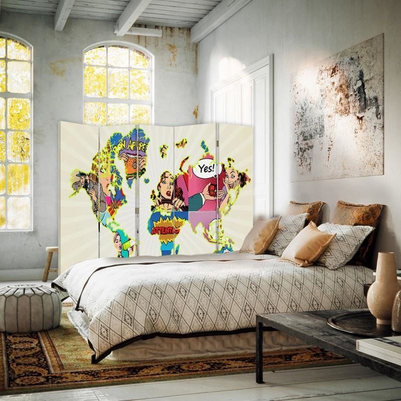 Aizslietnis, 5 paneļi, kanva, Map Of The World Pop-Art 