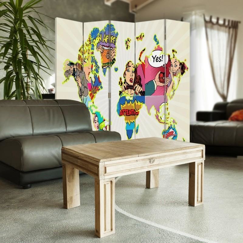 Aizslietnis, 5 paneļi, kanva, Map Of The World Pop-Art 