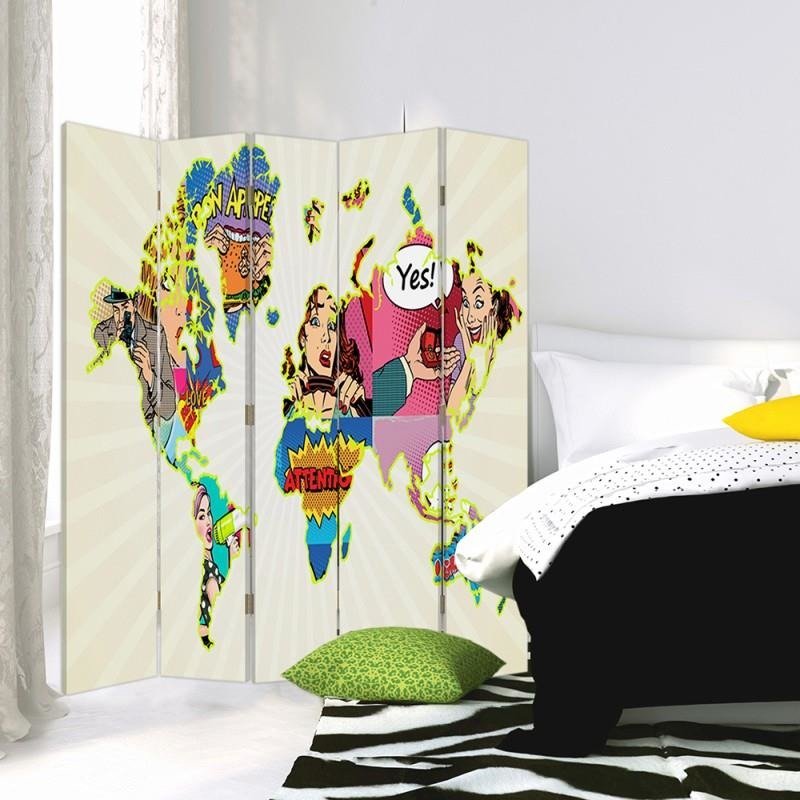 Aizslietnis, 5 paneļi, kanva, Map Of The World Pop-Art 