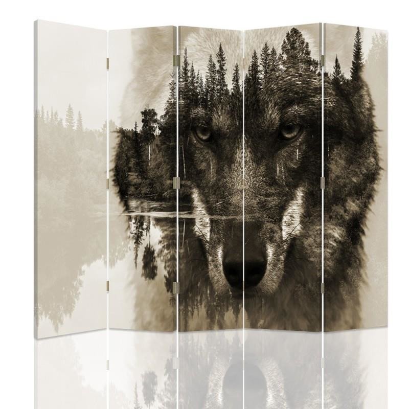 Aizslietnis, 5 paneļi, kanva, Wolf On A Background Of Forest - Brown 