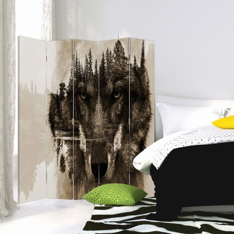 Aizslietnis, 5 paneļi, kanva, Wolf On A Background Of Forest - Brown 