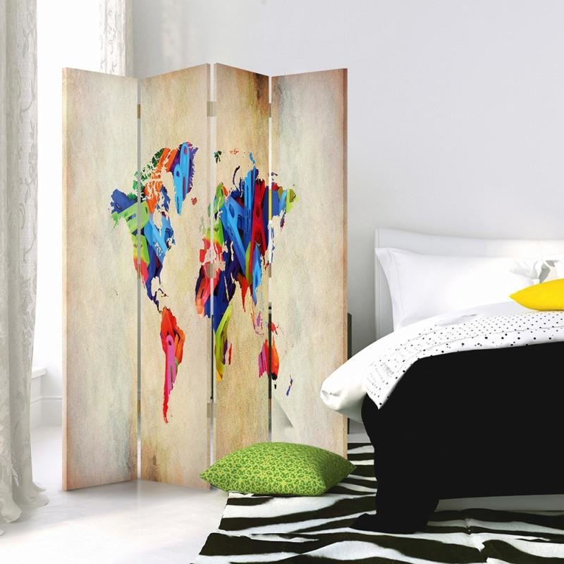 Aizslietnis, 4 paneļi, Divpusējs, Kanva, Colorful World Map 