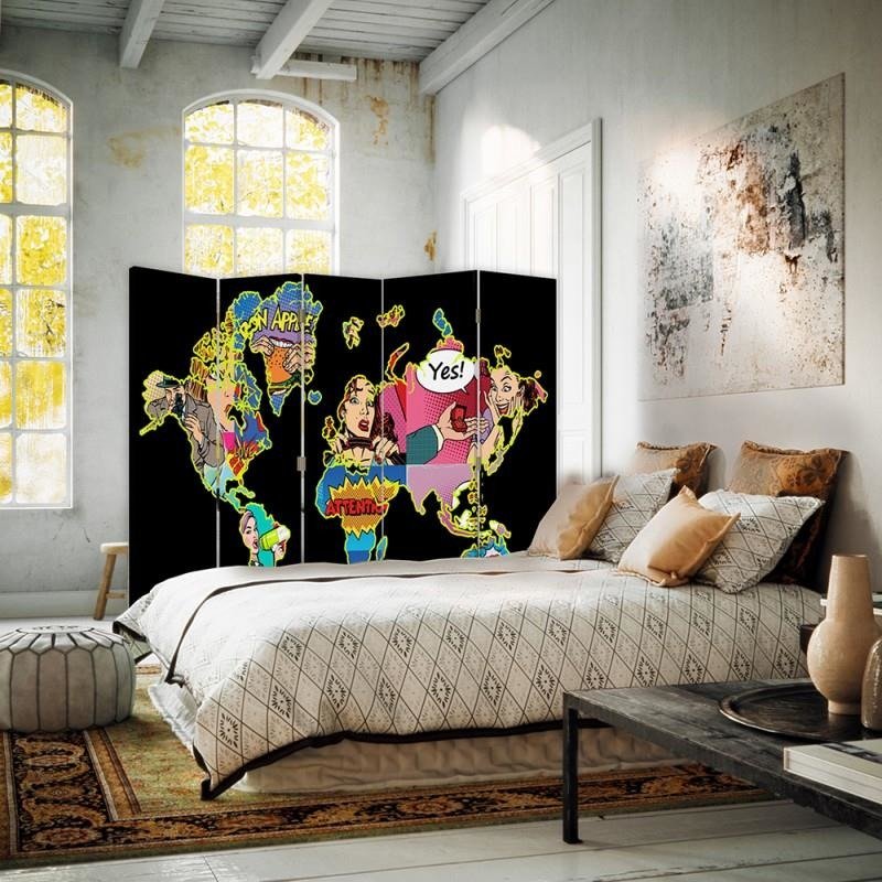 Aizslietnis, 5 paneļi, Divpusējs, kanva, Black Pop Art Map Of The World 