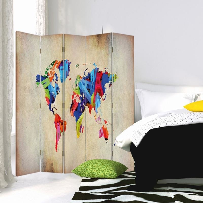 Aizslietnis, 5 paneļi, Divpusējs, kanva, Colorful World Map 