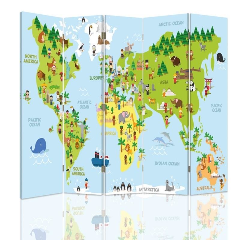 Aizslietnis, 5 paneļi, Divpusējs, kanva, Map Of The World For Children 